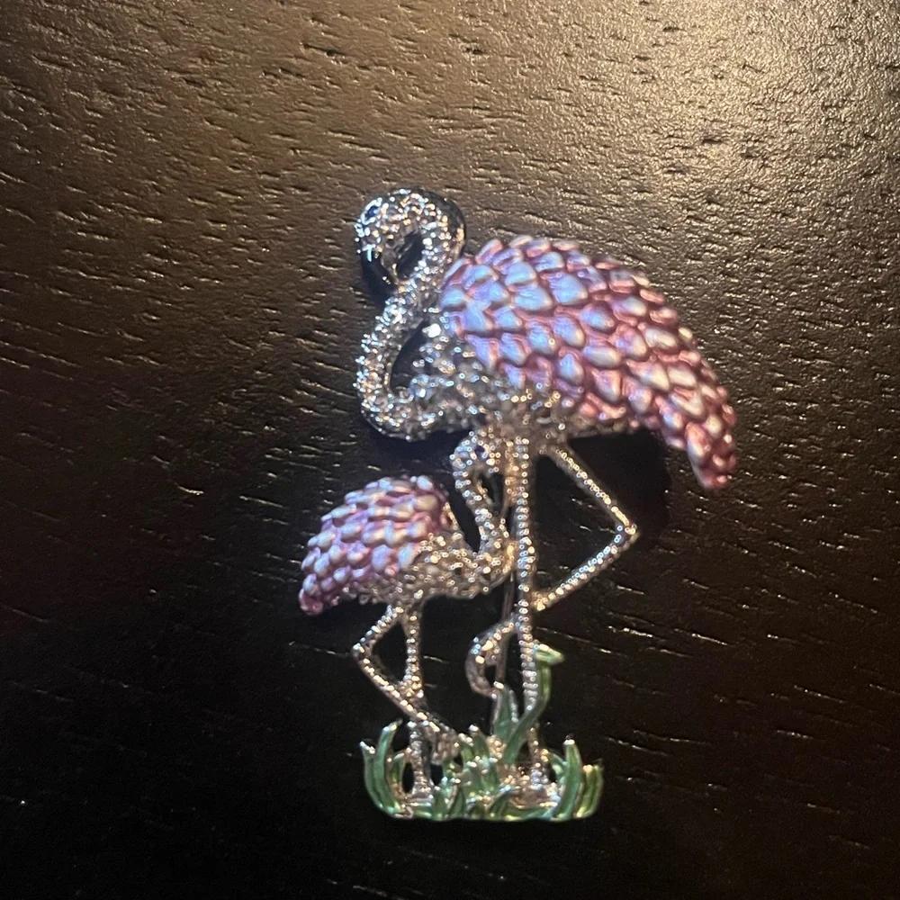 Vintage Style Pink and Silver Flamingo Enamel Brooch